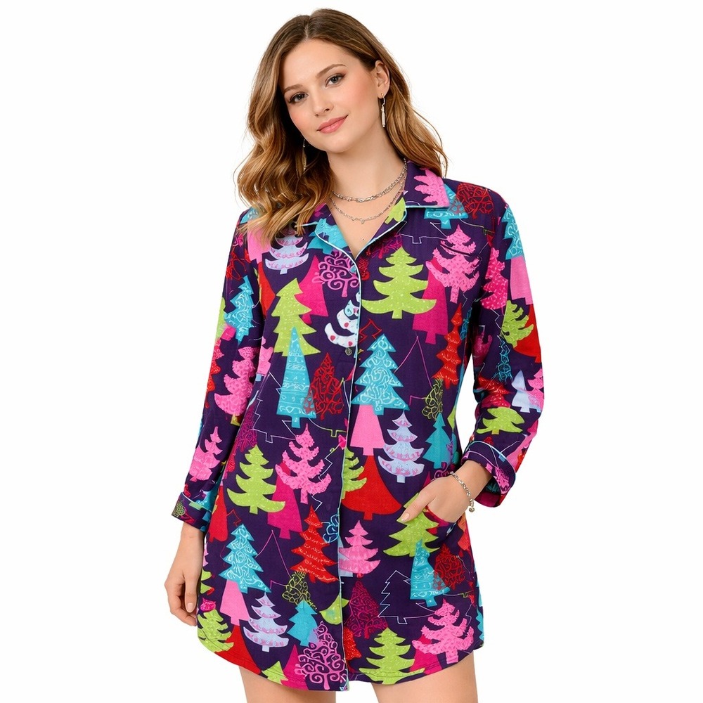 Nick and Nora Womens Sleepwear Pajama Shirt Purple Christmas Trees Size M